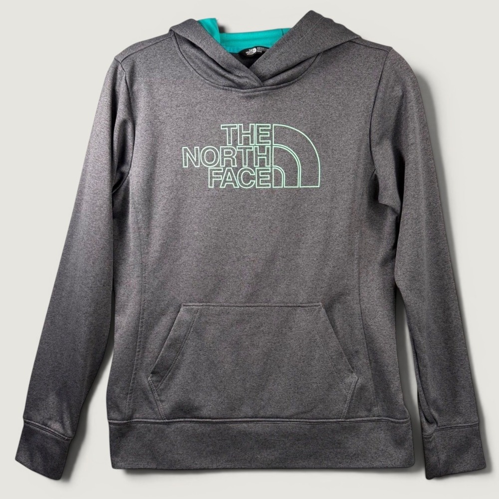 The North Face Womens Gray Teal Logo Fleece Pullover Hoodie Medium
